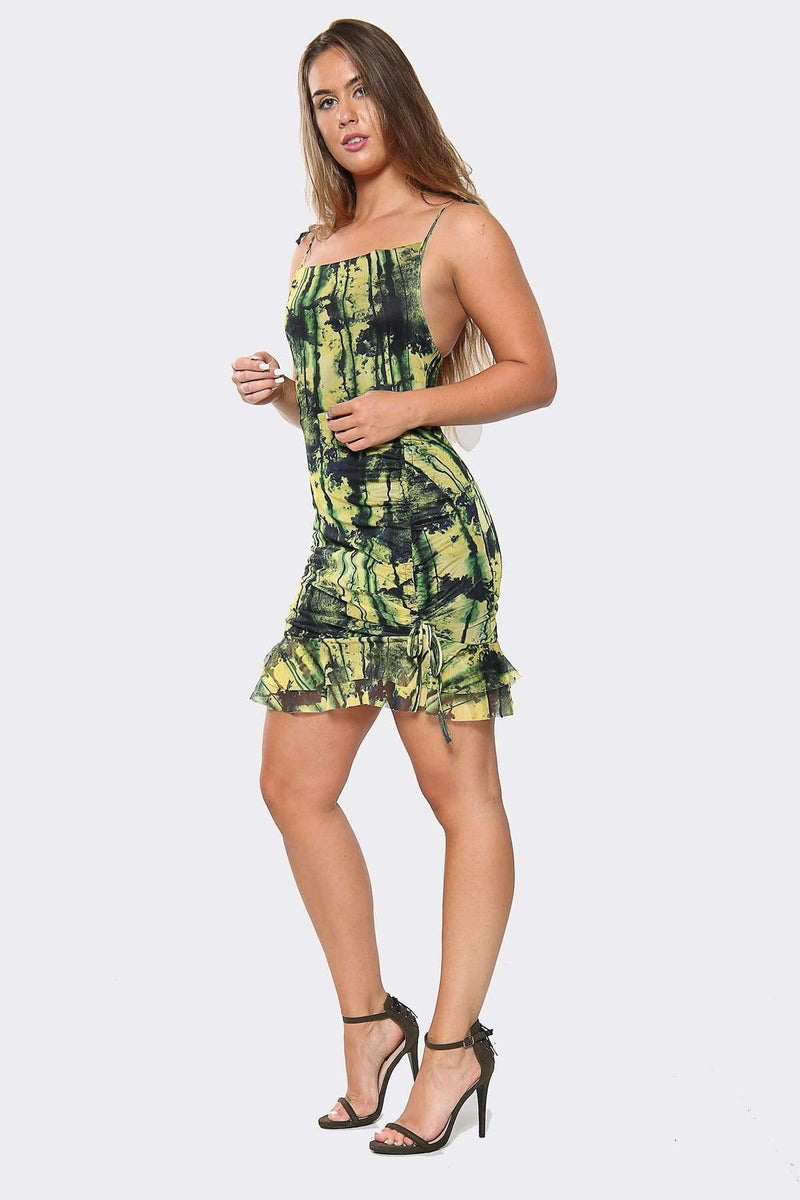 Lime Color Dye Print Mesh Ruched Side Bodycon Dress