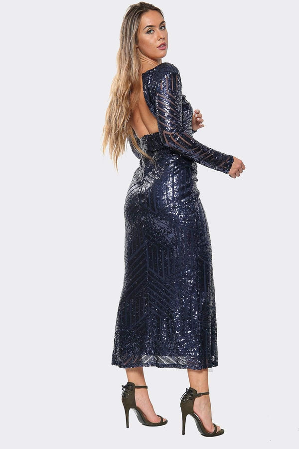 Embellished Sequin Long Sleeve Split Midi Dress