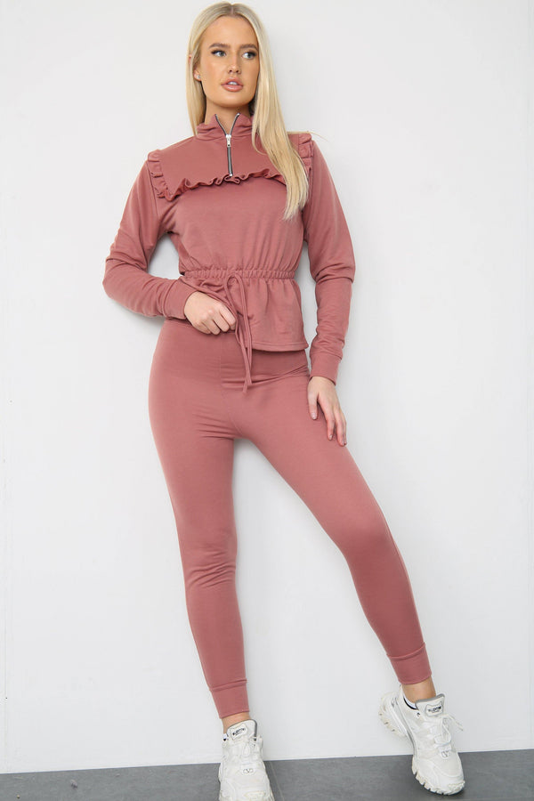 DUSTY PINK FRILL TRIM TOP AND JOGGERS CO-ORD SET - Jumpsuit - Avinci
