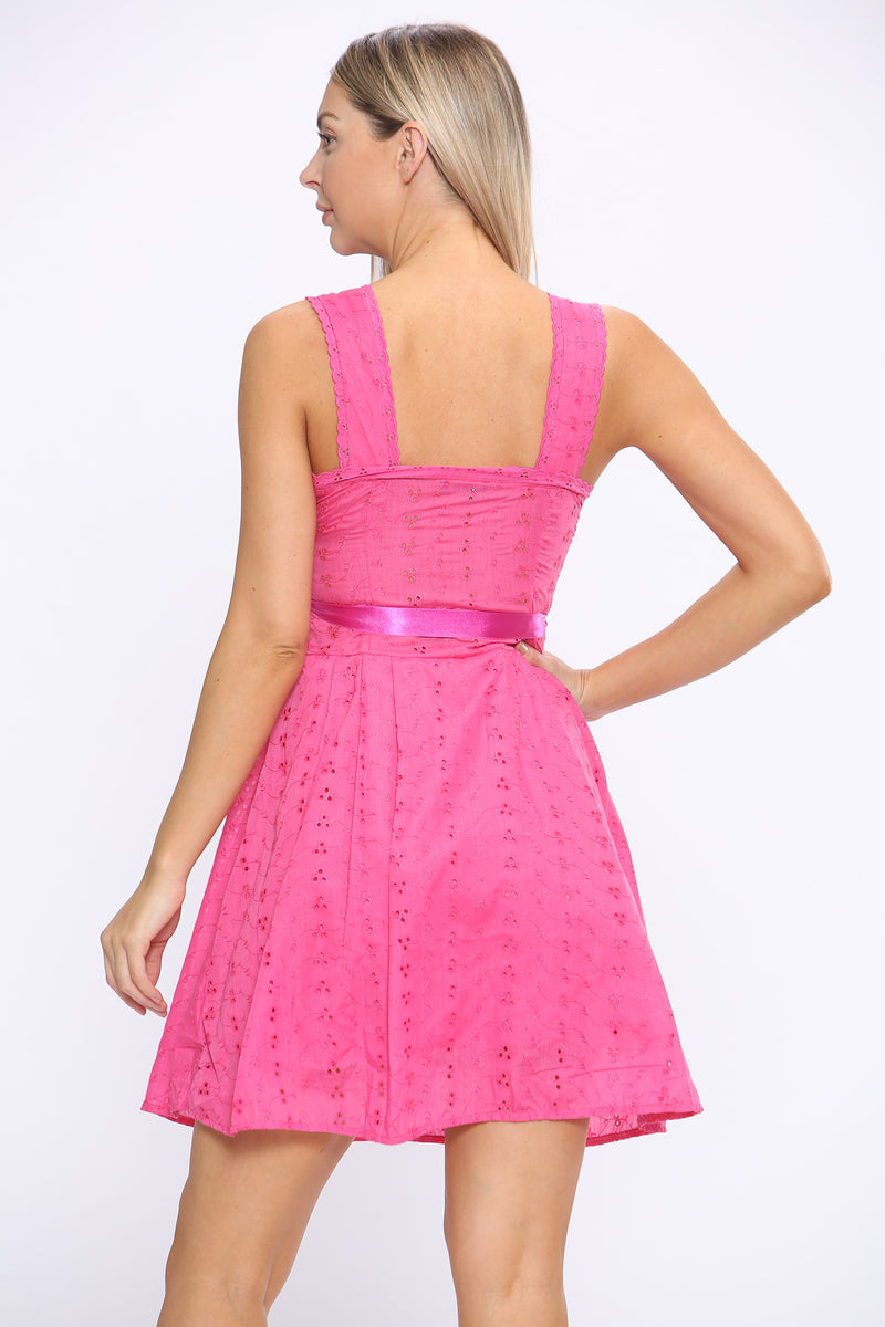 Pink V Neckline Bow-Tie Waist Flowy Mini Dress