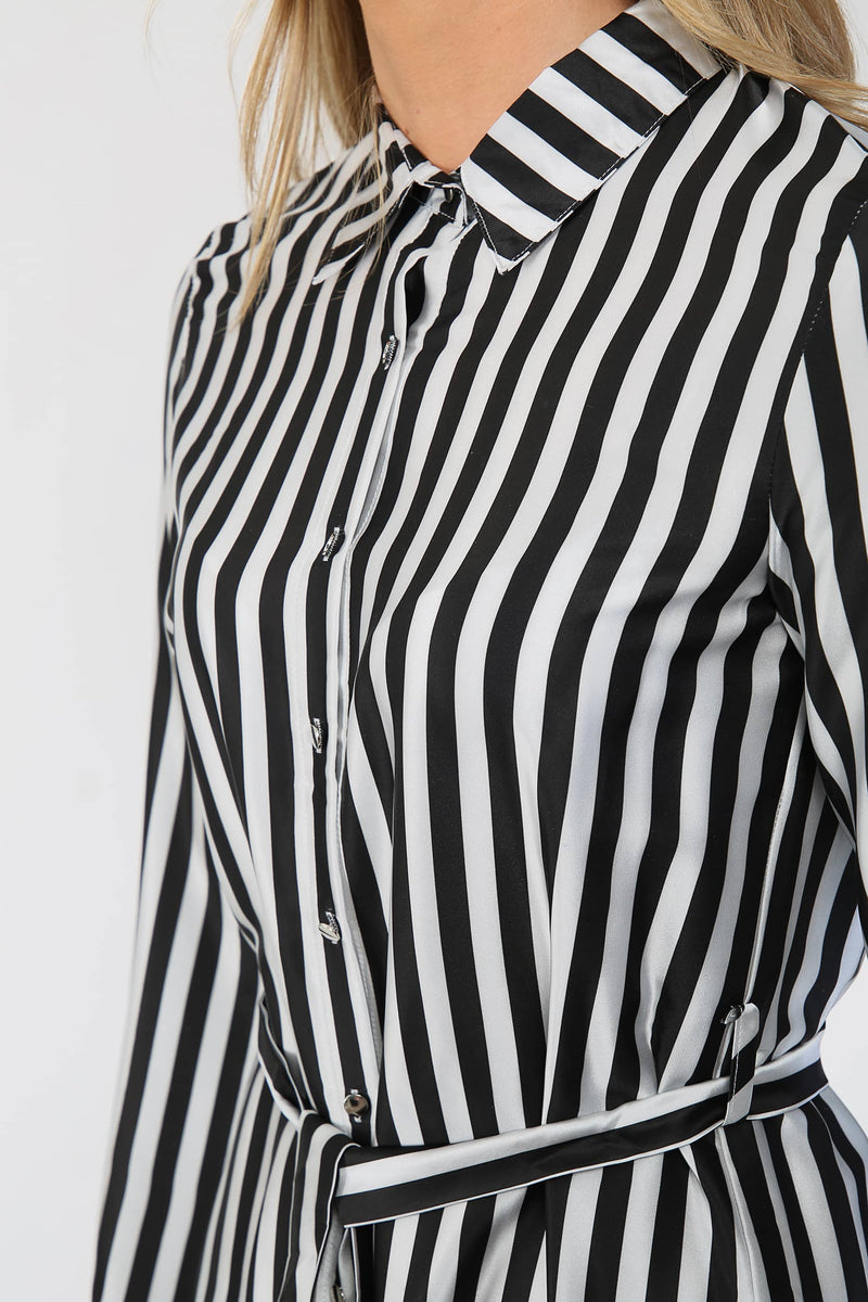 Black & White Striped Satin Shirt Dress | Avinci
