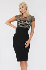 Black Embellished Cap Sleeve Contrast Midi Dress - Midi Dress - Avinci