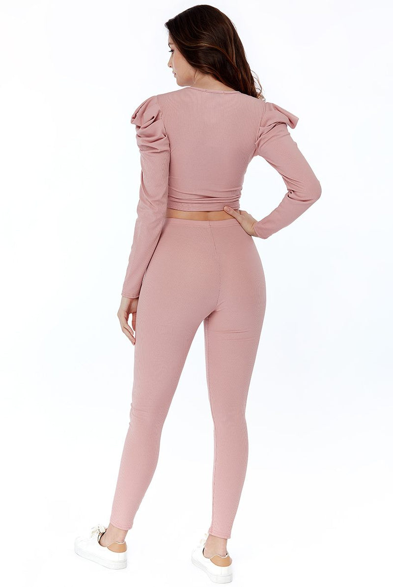 Blush Ruched Ribbed Wrap Crop Top and Leggings Co-ord Set - Co-ords - Avinci