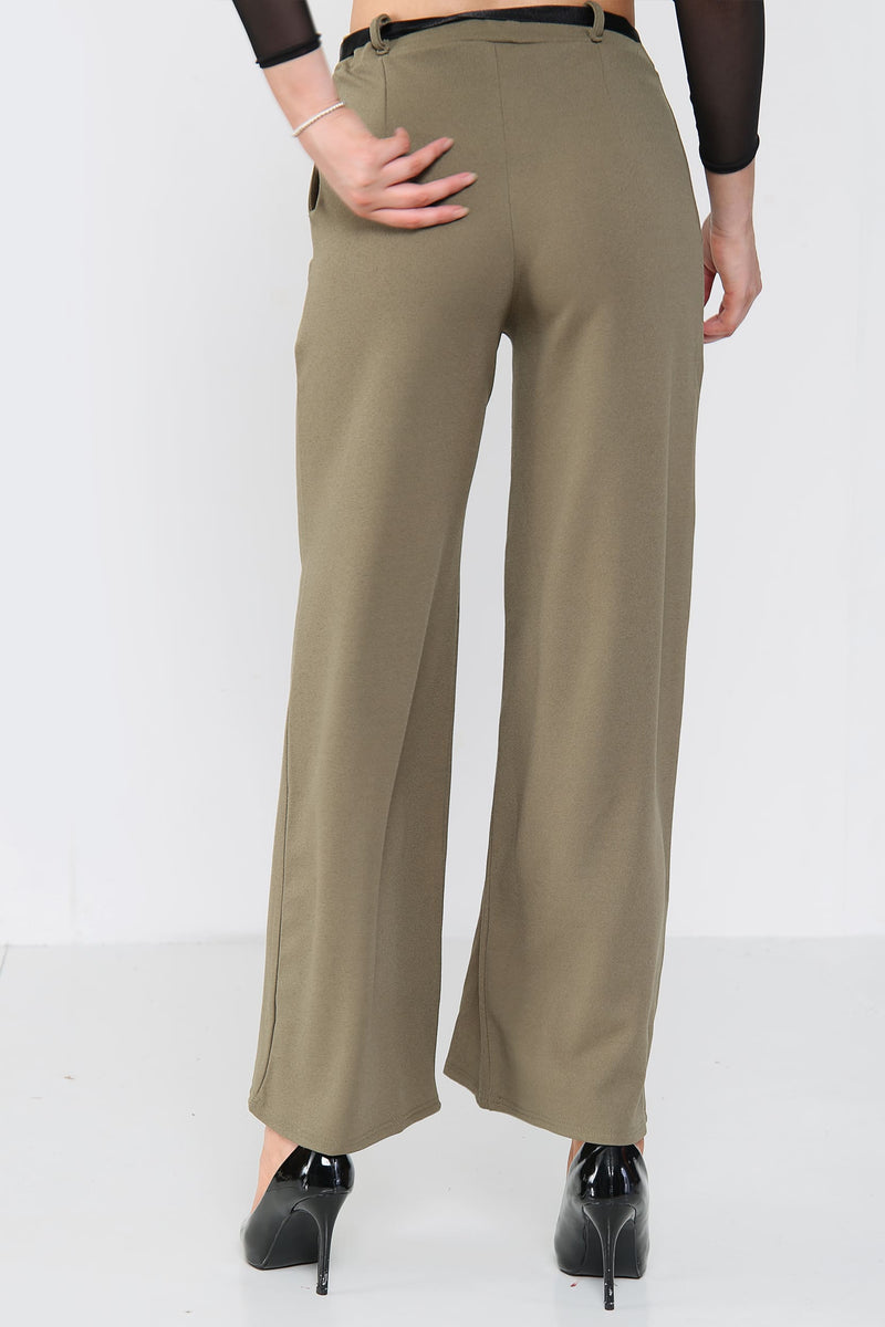 Wide Leg Belted Crepe Trousers - Trousers - Avinci