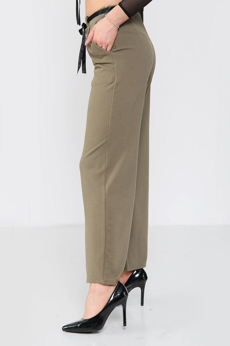 Wide Leg Belted Crepe Trousers - Trousers - Avinci