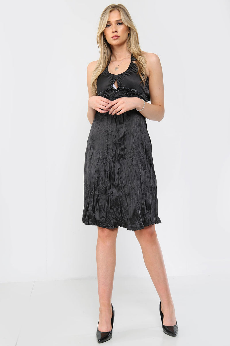 Embellished Crinkle Satin Halter Neck Midi Dress - Midi Dress - Avinci