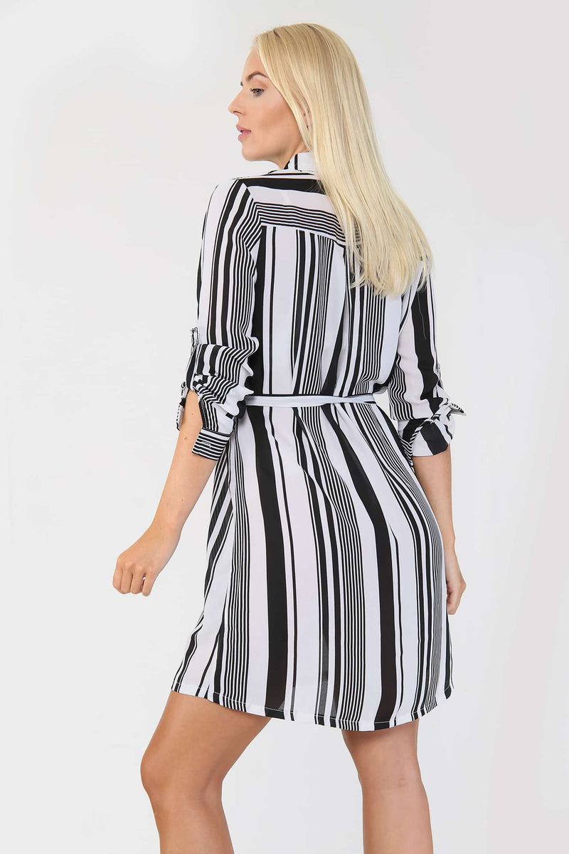 Black and White Striped Georgette Shirt Dress - Day Dress - Avinci