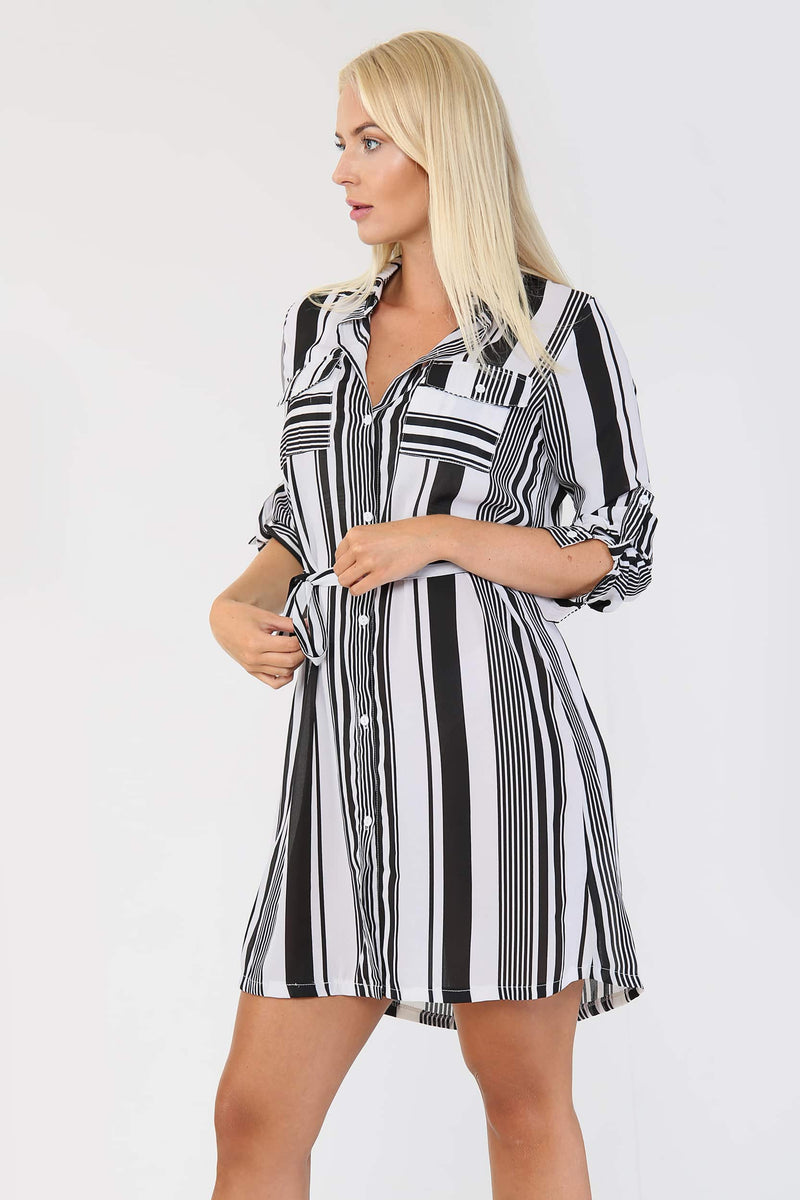 Black and White Striped Georgette Shirt Dress - Day Dress - Avinci