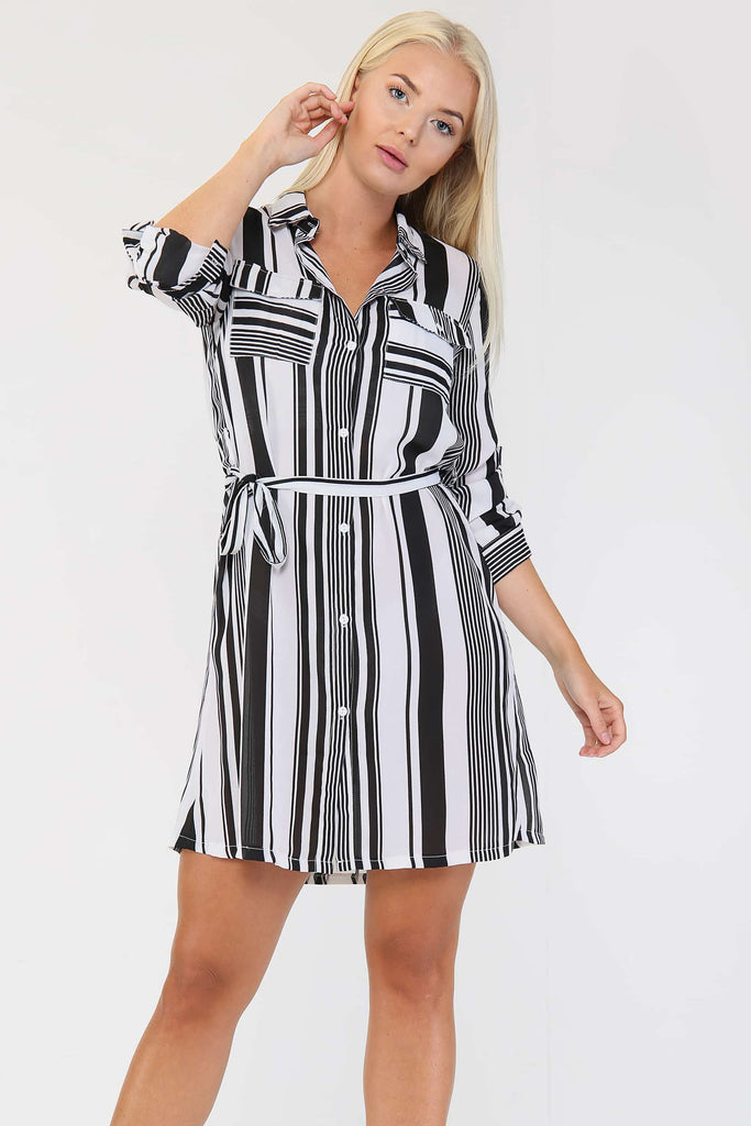 Black and White Striped Georgette Shirt Dress - Day Dress - Avinci