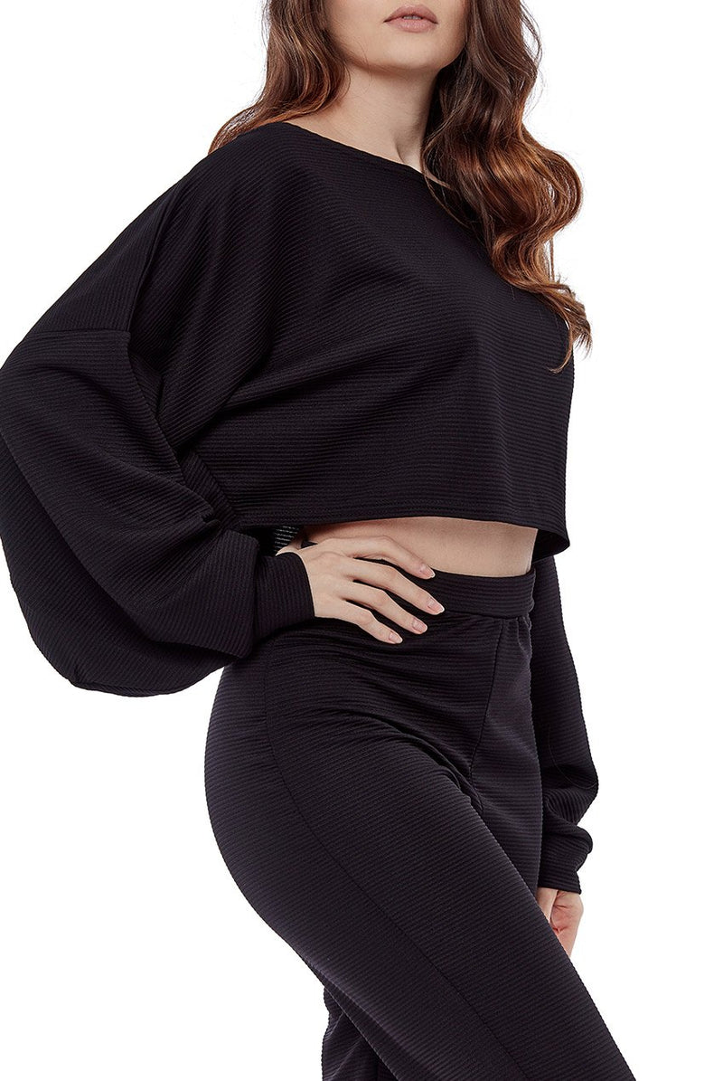 Cropped Off the Shoulder Ribbed Loungewear Set - Loungewear - Avinci