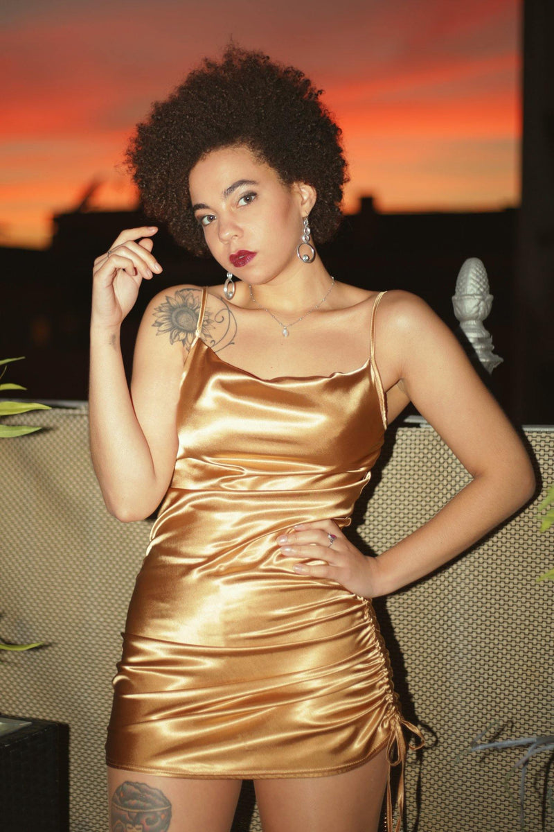 Strappy Satin Cowl Neck Ruched Bodycon Dress - Party Dress - Avinci