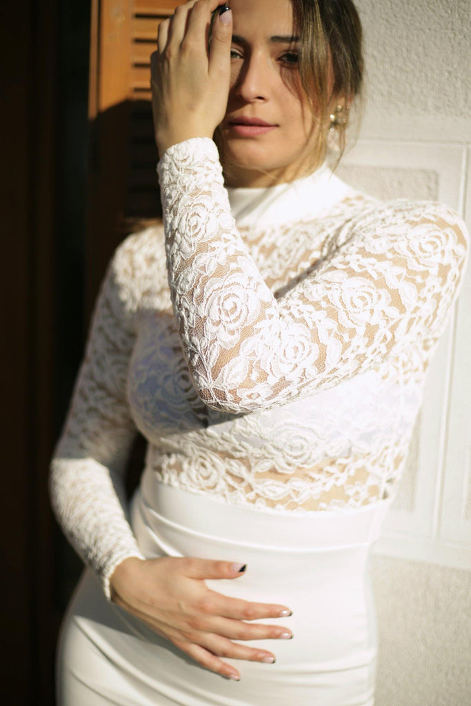 Elegance Redefined: High-Neck White Lace Cocktail Dress - Midi Dress - Avinci