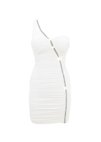 White One Shoulder Ruched Rhinestone Trim Mini Dress