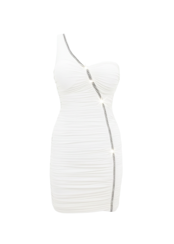 White One Shoulder Ruched Rhinestone Trim Mini Dress