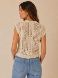 Cream Open-Knit Crochet V-Neck Vest Top