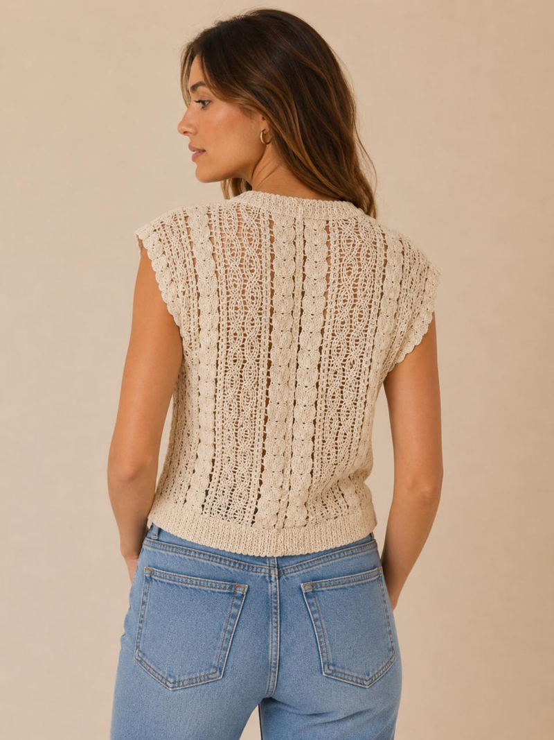 Cream Open-Knit Crochet V-Neck Vest Top
