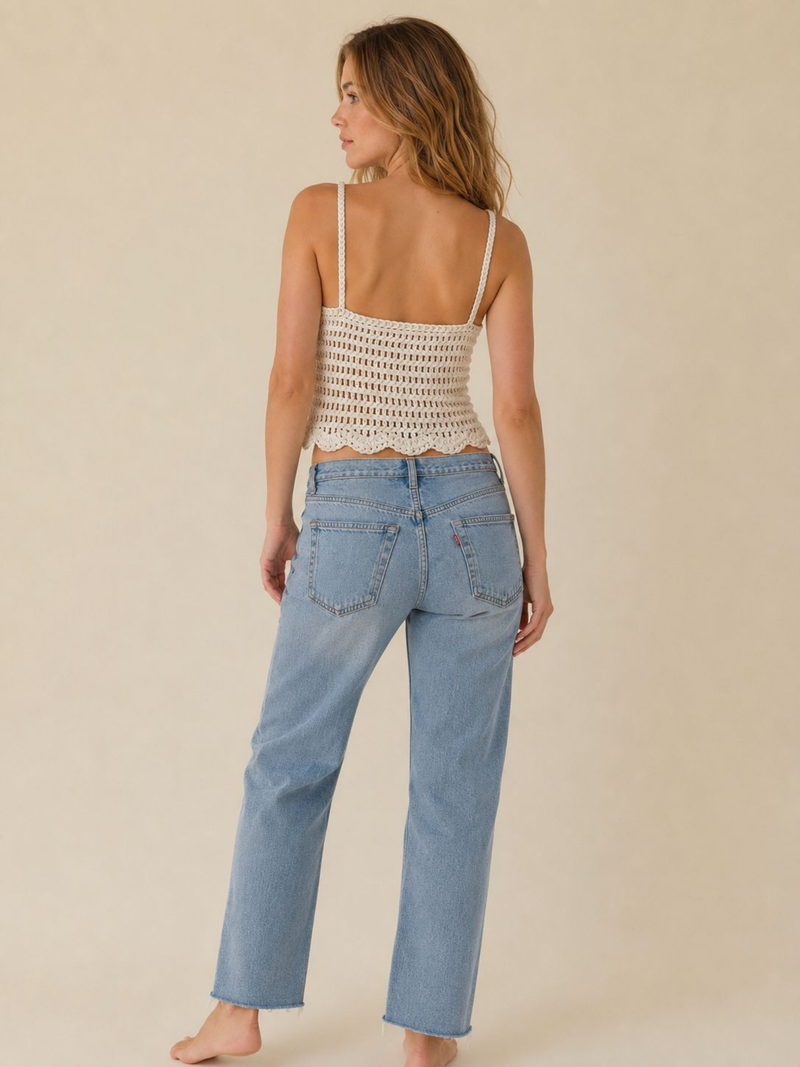 Cream Crochet Knit V-Neck Cami Top with Buttons