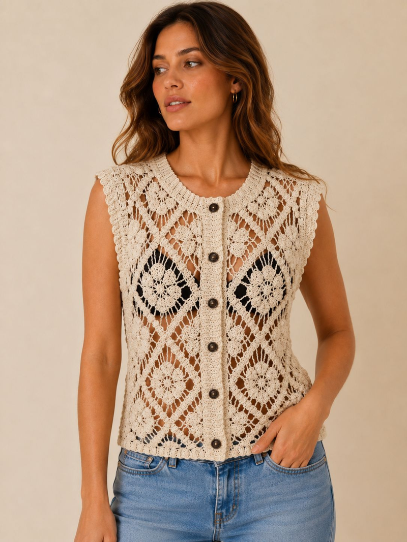 Cream Geometric Floral Crochet Button-Up Vest