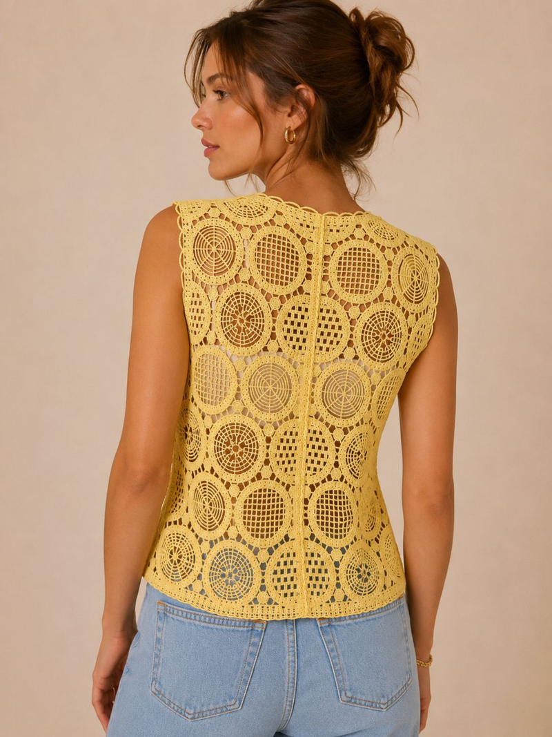 Lemon Yellow Circle Crochet Lace Button-Up Vest