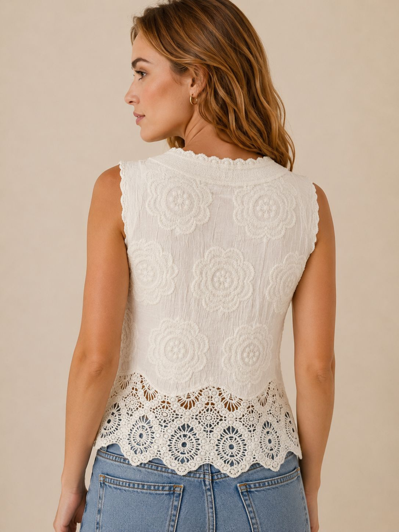 Cream Embroidered Floral Button-Up Vest Top with Lace Hem