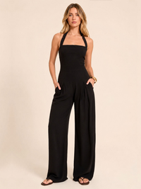 Women's Black Linen Look Bandeau Wide Leg Summer Jumpsuit