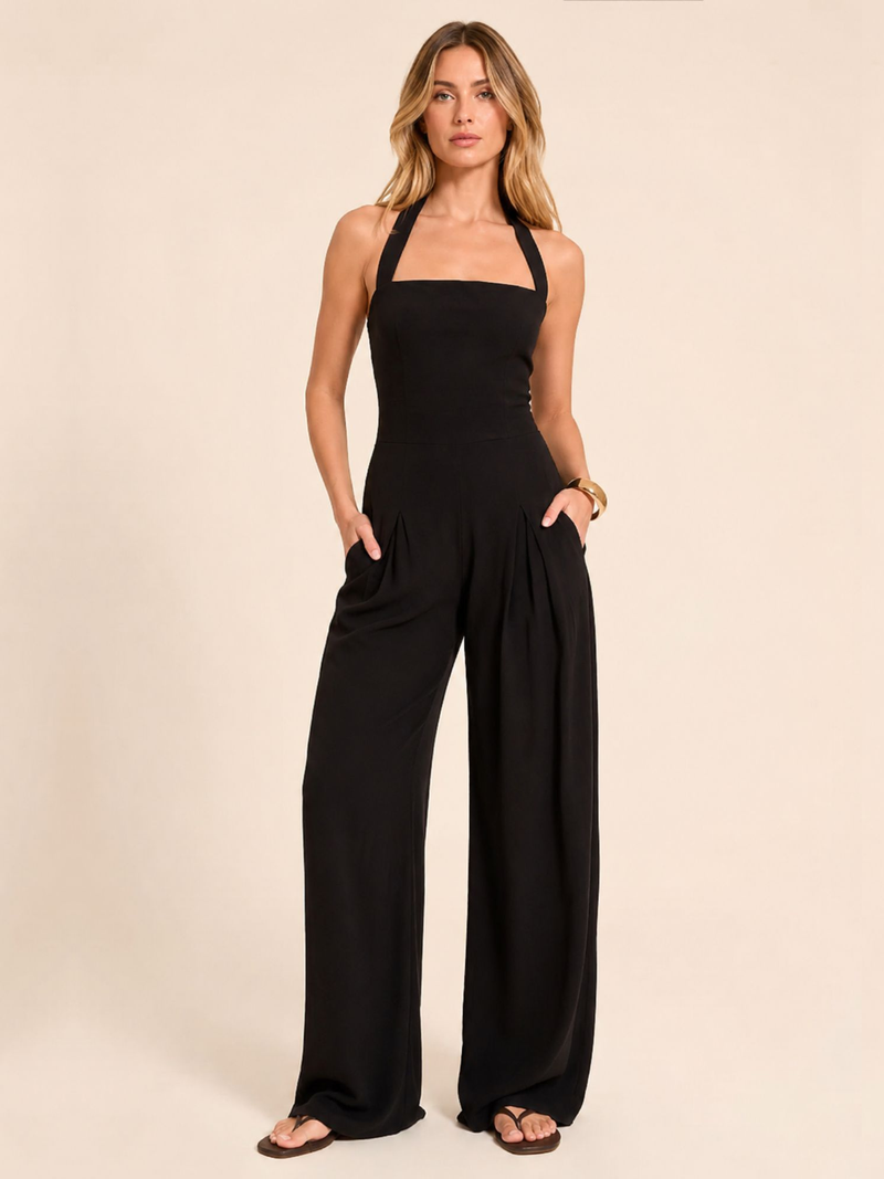 Women's Black Linen Look Bandeau Wide Leg Summer Jumpsuit