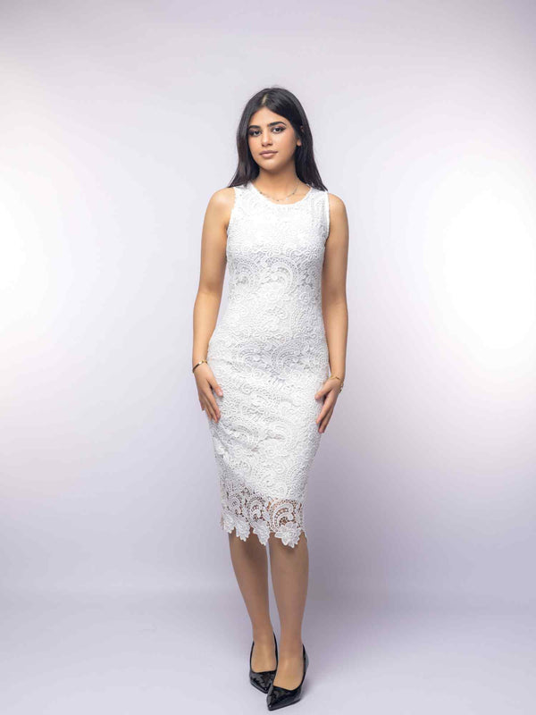 White Lace Semi-Formal Sleeveless Midi Dress