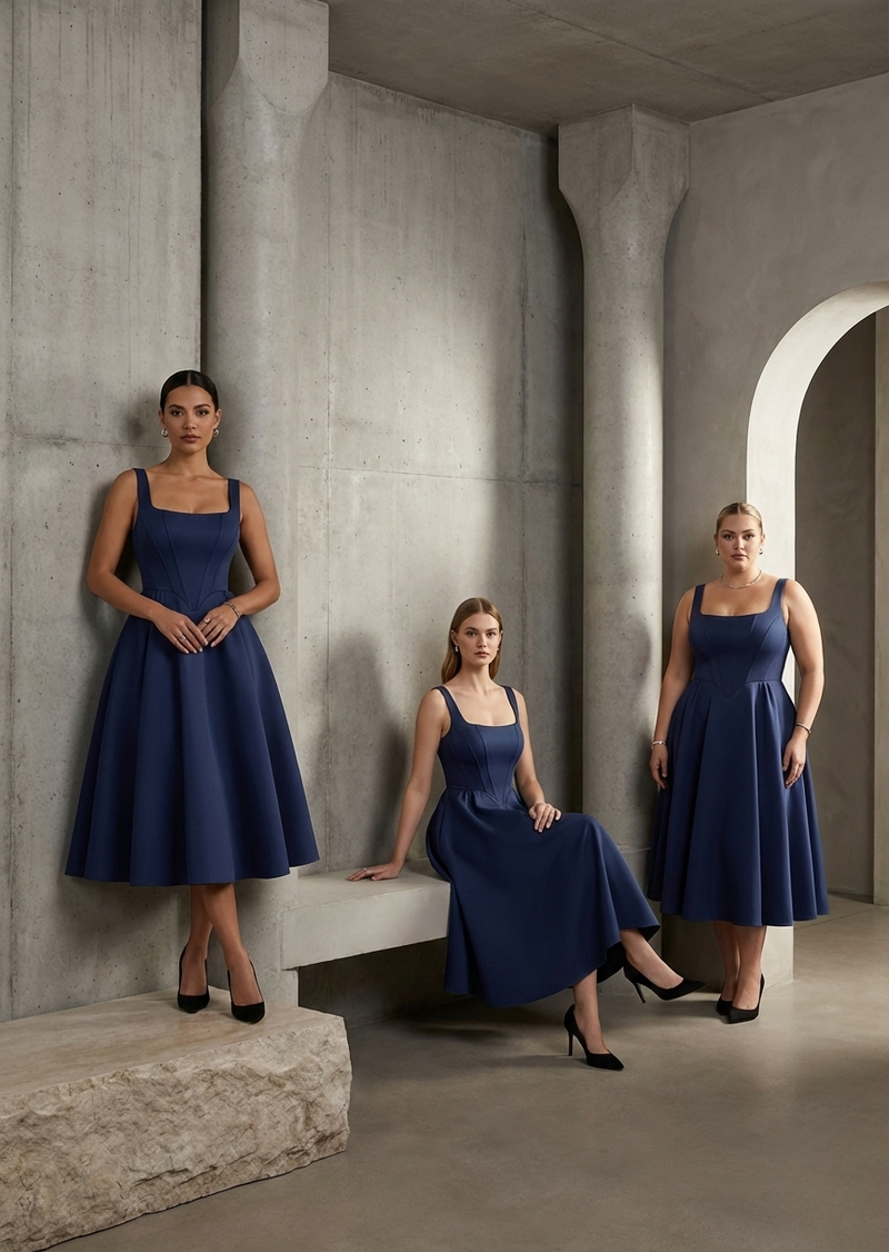 Navy Square Neck Corset Fit & Flared Midi Dress