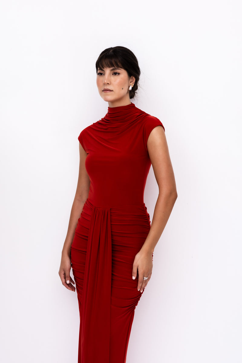 Rust Cap Sleeve Jersey Ruched Waist Maxi Style Evening Gown