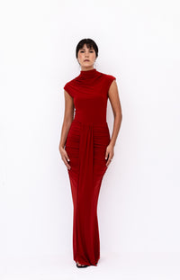 Rust Cap Sleeve Jersey Ruched Waist Maxi Style Evening Gown