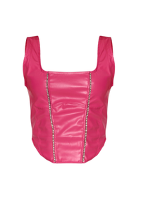 Hot Pink Faux Leather Square Neckline Diamante Top