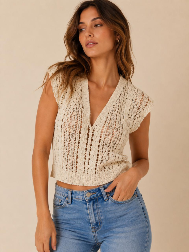 Cream Open-Knit Crochet V-Neck Vest Top