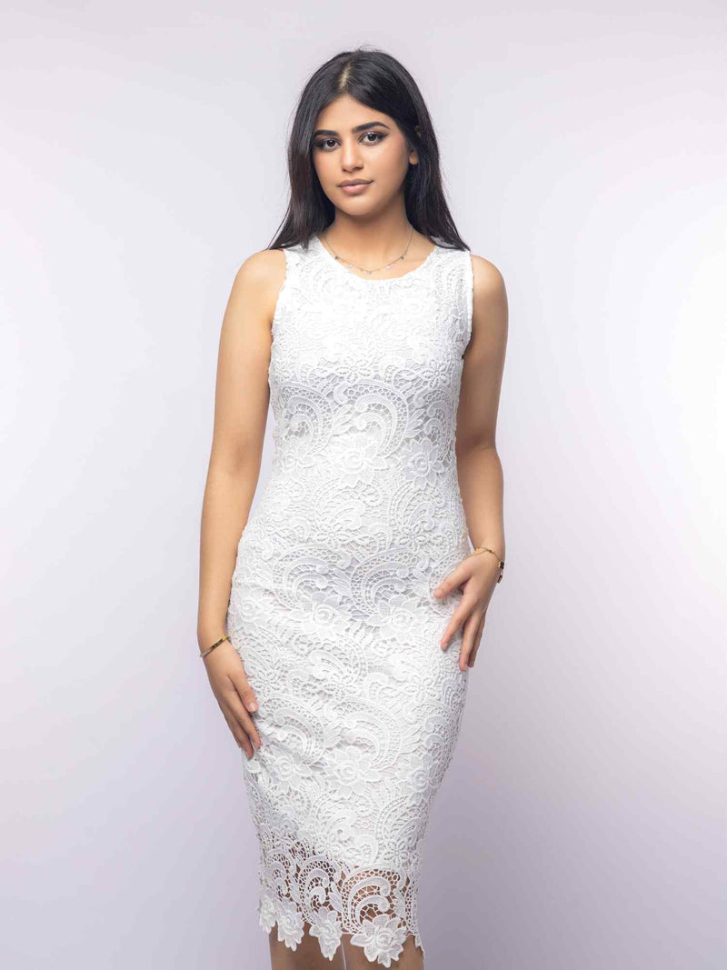 White Lace Semi-Formal Sleeveless Midi Dress
