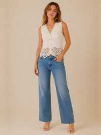 Cream Embroidered Floral Button-Up Vest Top with Lace Hem