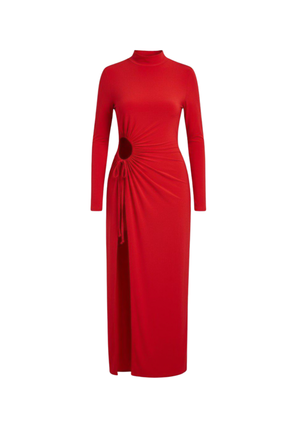 Avinci | Red Ruched Cut-Out High Neck Thigh Slit Maxi Dress Avinci | Red Ruched Cut-Out High Neck Thigh Slit Maxi Dress