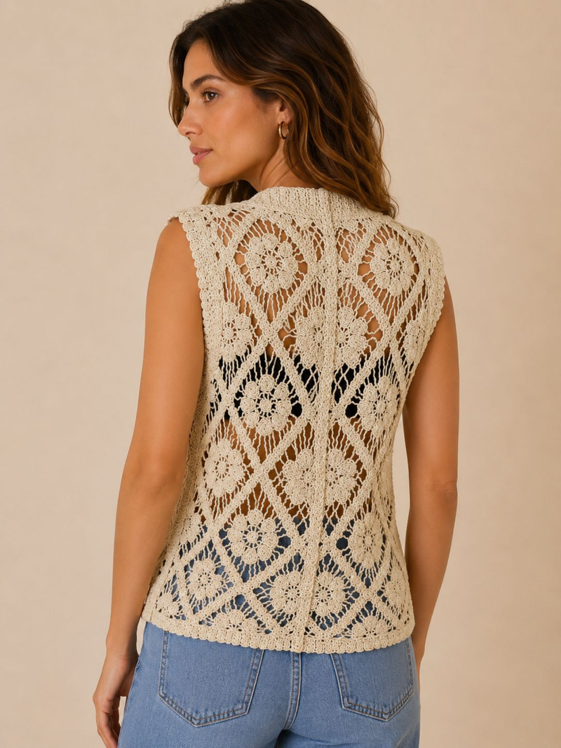 Cream Geometric Floral Crochet Button-Up Vest
