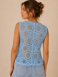Powder Blue Circle Crochet Lace Button-Up Vest