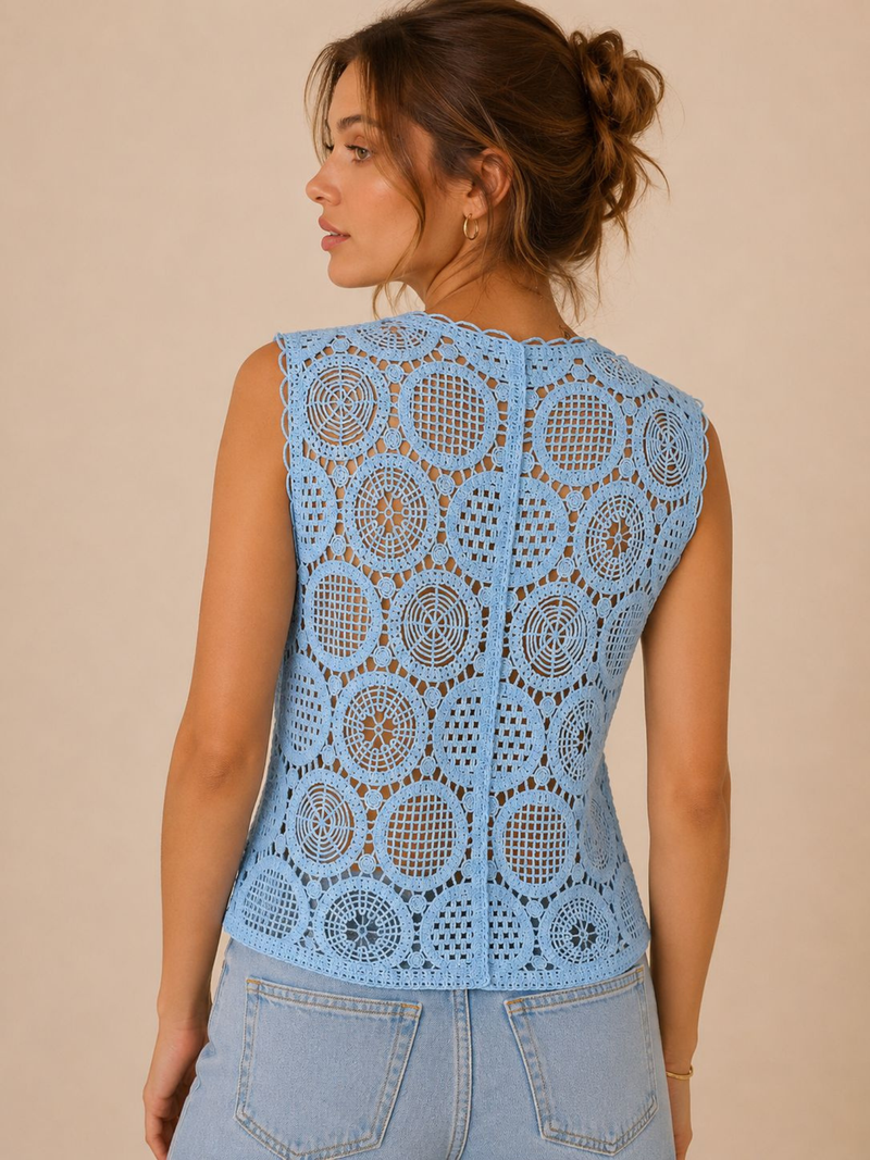 Powder Blue Circle Crochet Lace Button-Up Vest