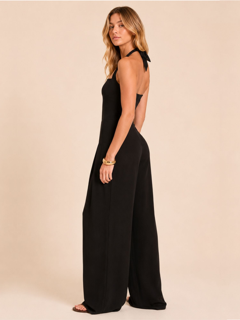 Women's Black Linen Look Bandeau Wide Leg Summer Jumpsuit