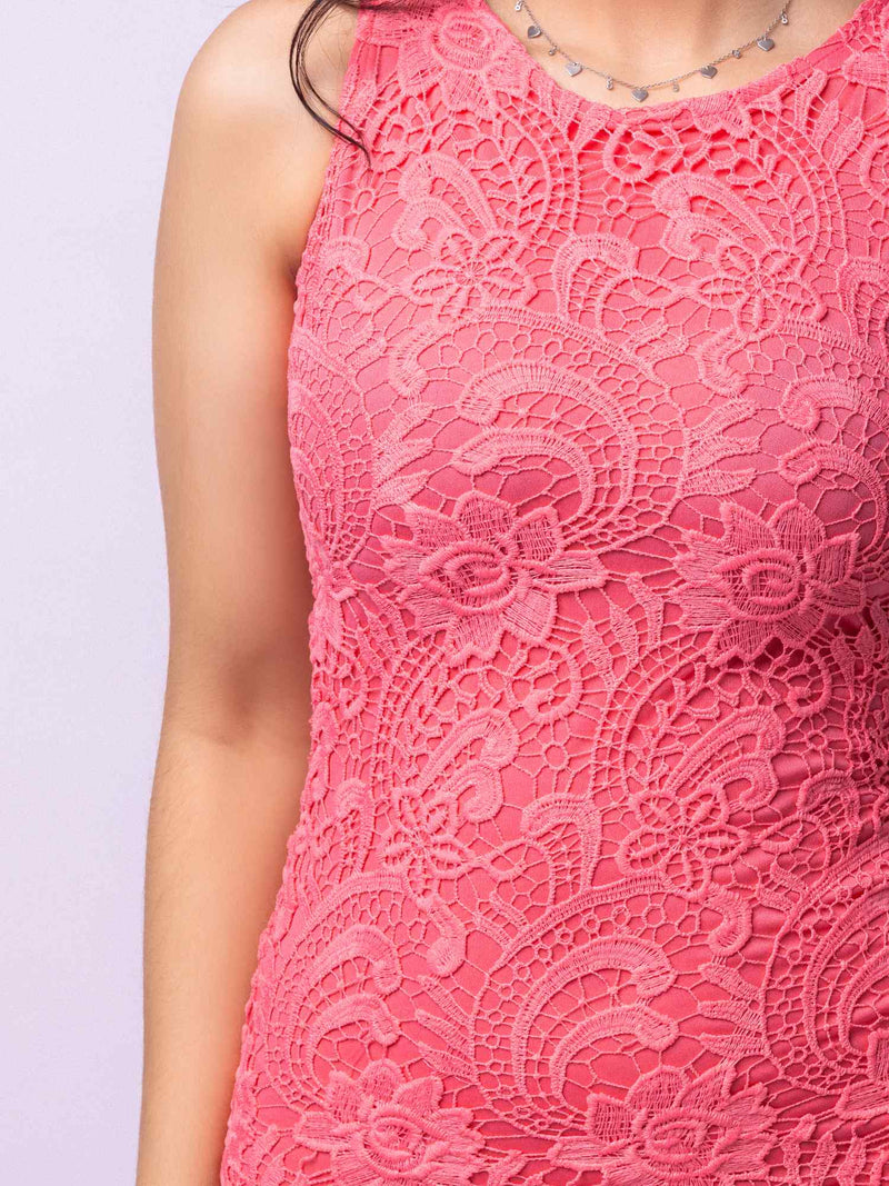 Pink Lace Semi-Formal Sleeveless Midi Dress