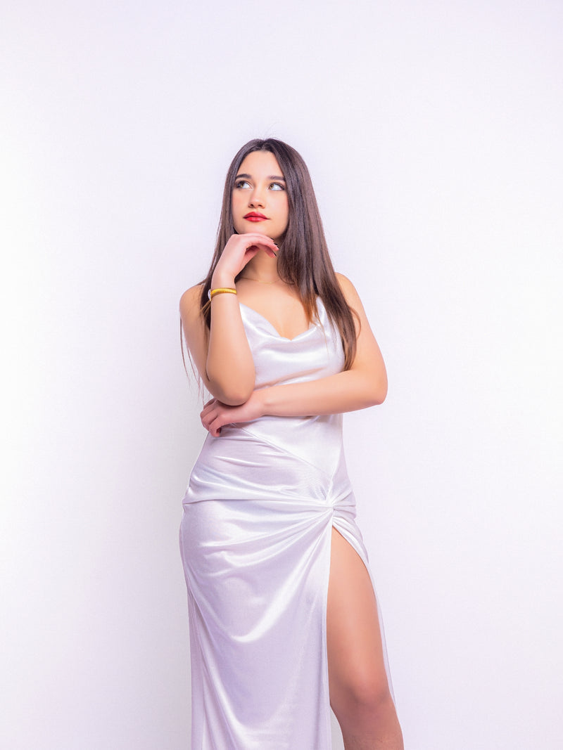 Cream Satin Cowl Neck Maxi Dress With Slit
