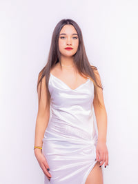 Cream Satin Cowl Neck Maxi Dress With Slit