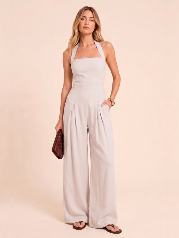 Women's Natural Linen Look Bandeau Wide Leg Summer Jumpsuit