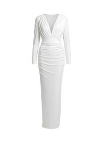 White Long Sleeve Deep V-Neck Ruched Bodycon Maxi Dress