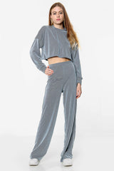 Long Sleeve Crop Top Wide Leg Trouser Ribbed Lounge Co-Ord Set