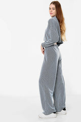 Long Sleeve Crop Top Wide Leg Trouser Ribbed Lounge Co-Ord Set