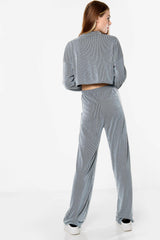 Long Sleeve Crop Top Wide Leg Trouser Ribbed Lounge Co-Ord Set
