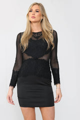 Lace Detail Mesh Bodycon Mini Dress - Bodycon Dress - Avinci