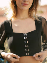 Dramatic Allure: Mesh Puff Long Sleeve Hook & Eye Top - Tops - Avinci