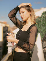 Dramatic Allure: Mesh Puff Long Sleeve Hook & Eye Top - Tops - Avinci